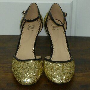 NWOT Women's Gold Sequin Faux Black Leather Piping Mary Jane Stiletto Heels
